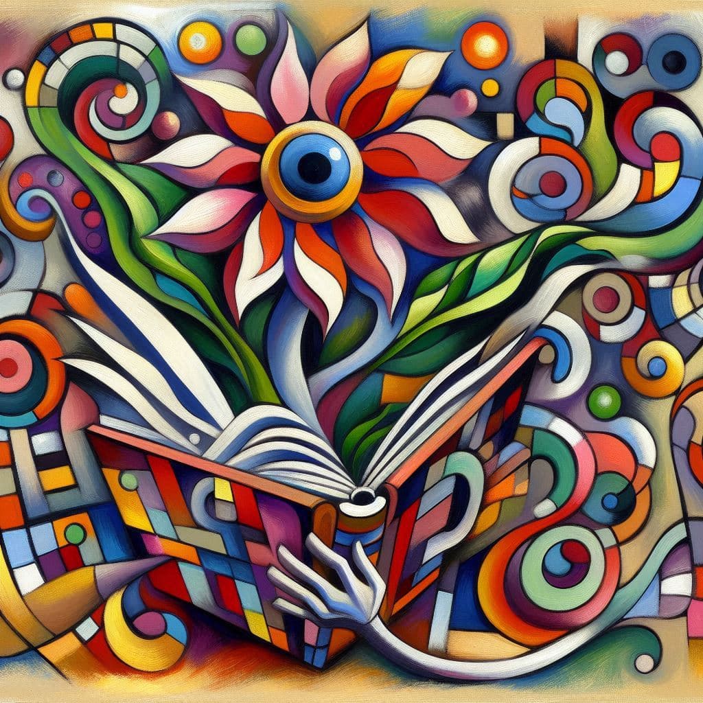 AI generated: A flower plant reading a book, abstract cubistic gouache painting in the style of Picasso and Marc C...