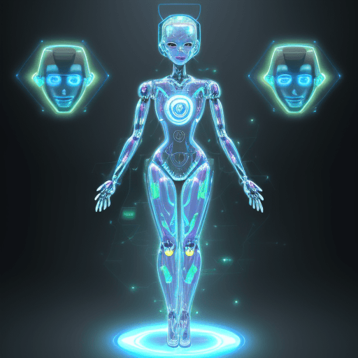 AI generated: humanoid robot, powered by AI, will have a semi-transparent, morphing material body, showcasing holo...
