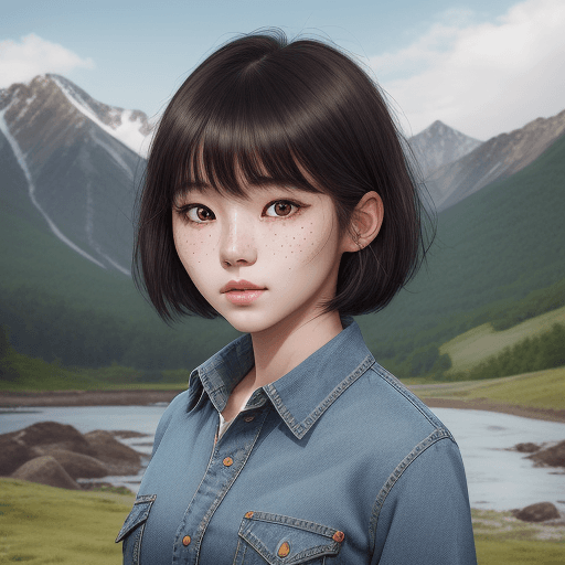 AI generated: Portrait of young beautiful Korean girl (freckles: 0.60) skin, black hair hairstyle with brown highl...
