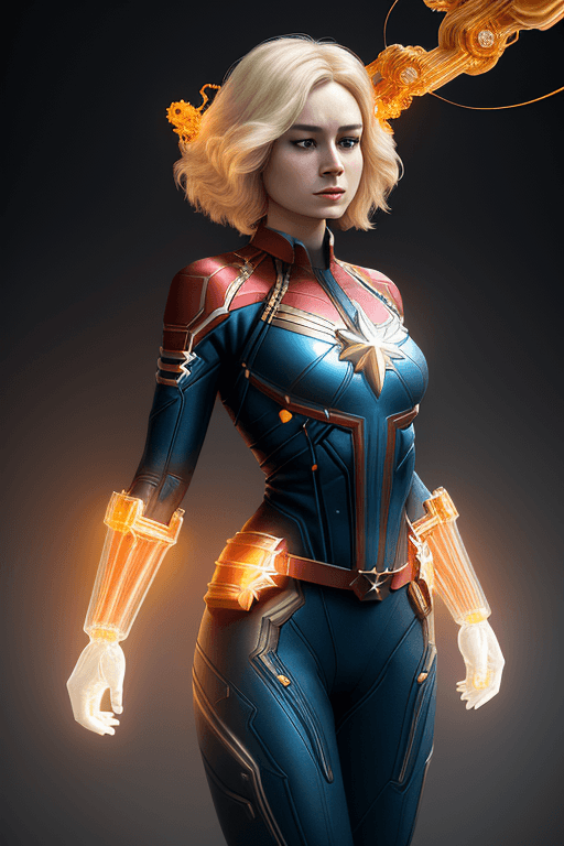 AI generated: captain marvel steampunk ranslucent women in biomechanical body, liquid cooling, intricate circuits,...
