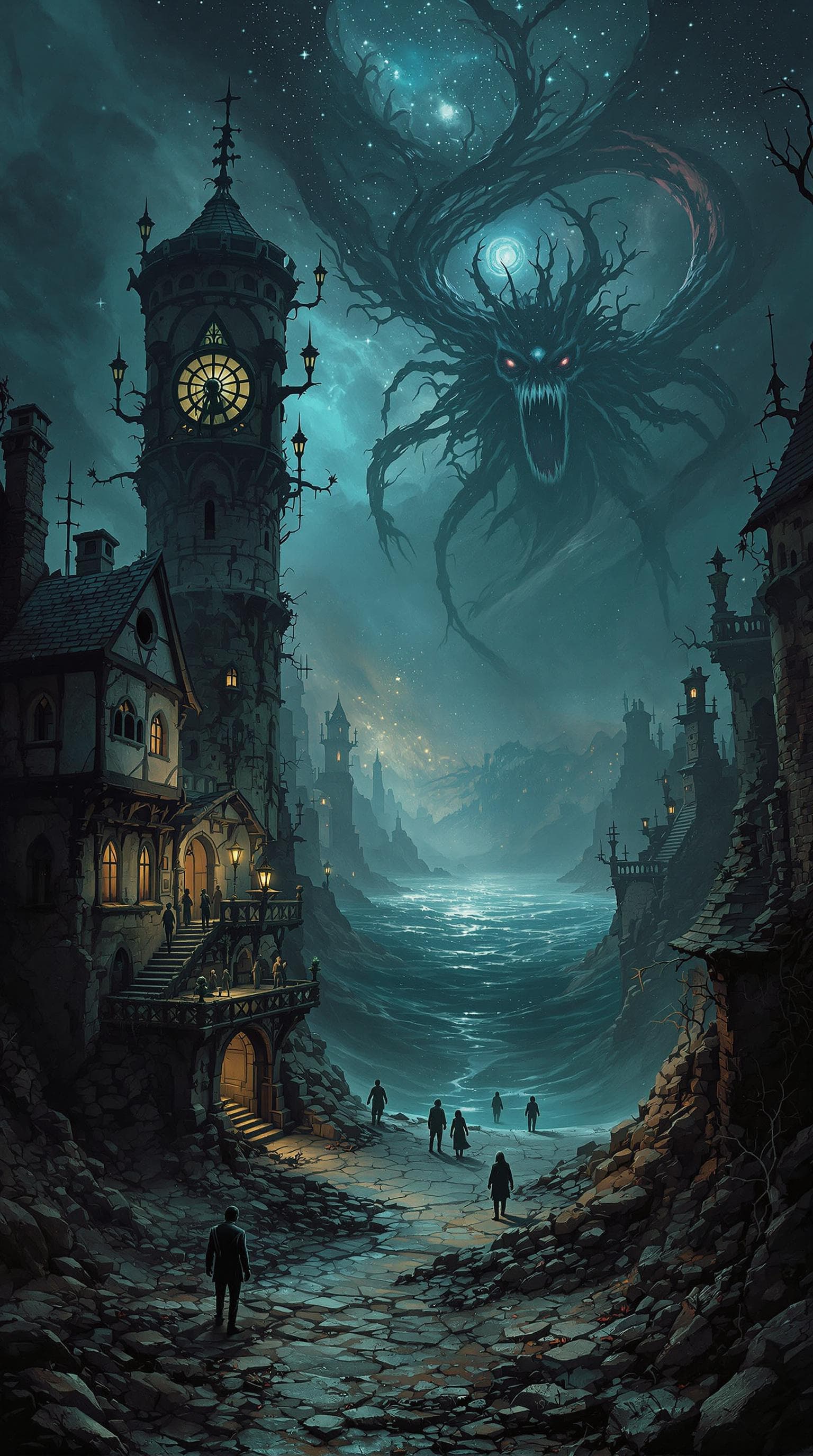 AI generated: Necromancy,Medieval Town,Decaying Architecture,Eldritch Horror,Zombie-like Inhabitants,Cosmic Terror...