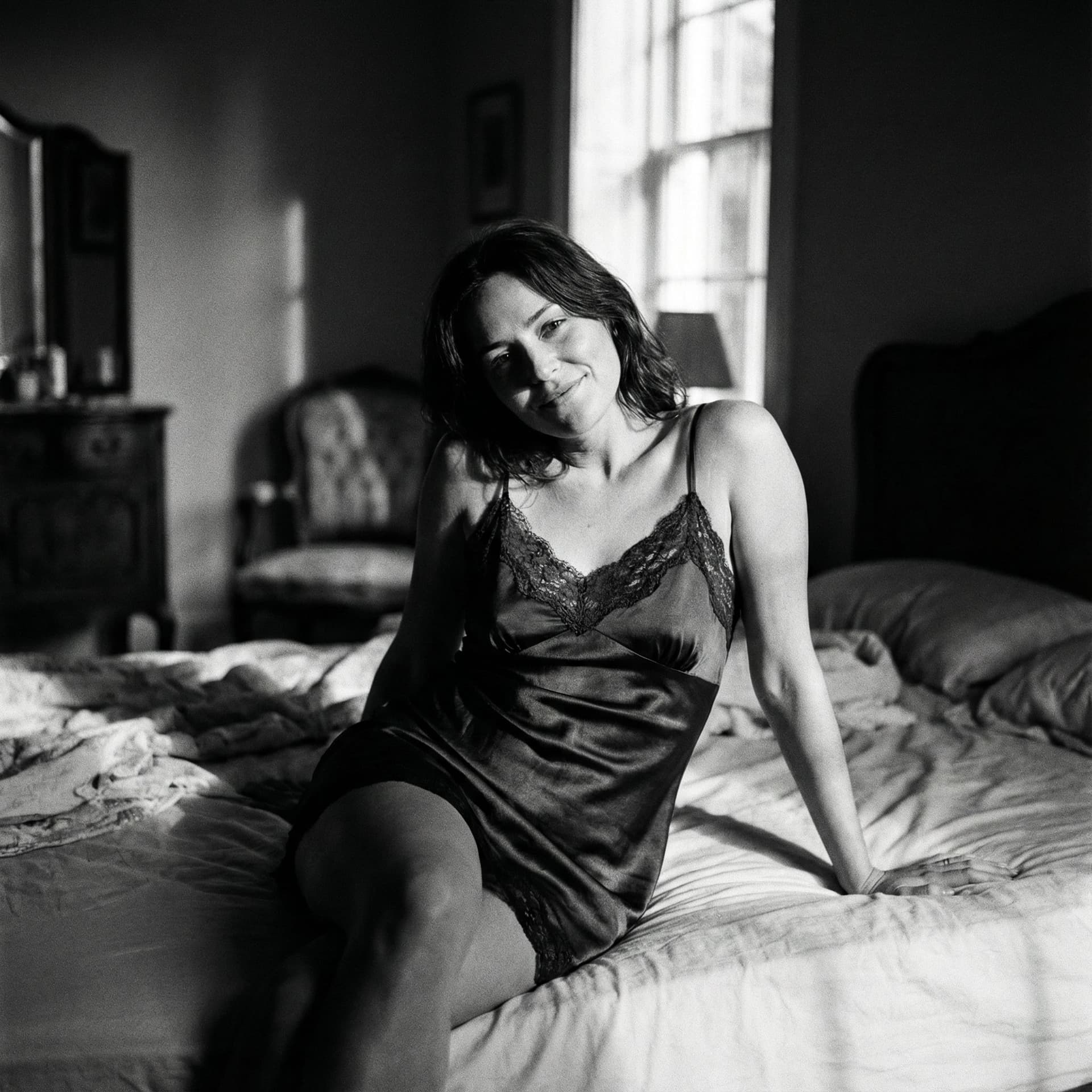 AI generated: Whole body photo of a gorgeous lady wearing skimpy nighties on the bed, seductive smile, daytime, de...