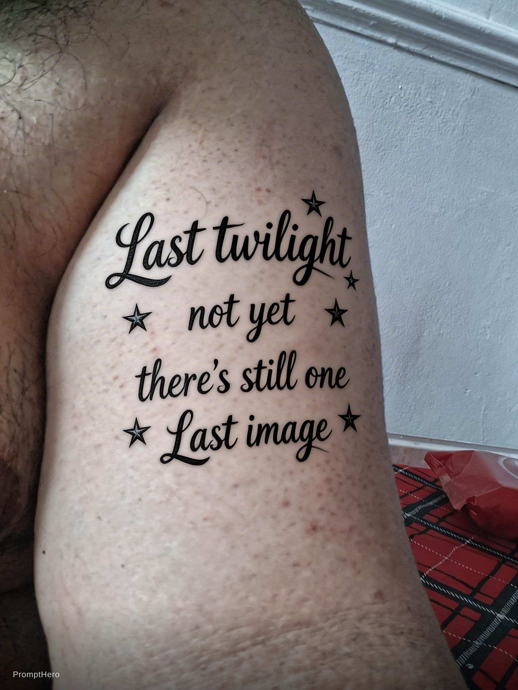AI generated: I want you to put tatto on me the tatto is 
Last twilight make it in nice writing and at the bottom ...