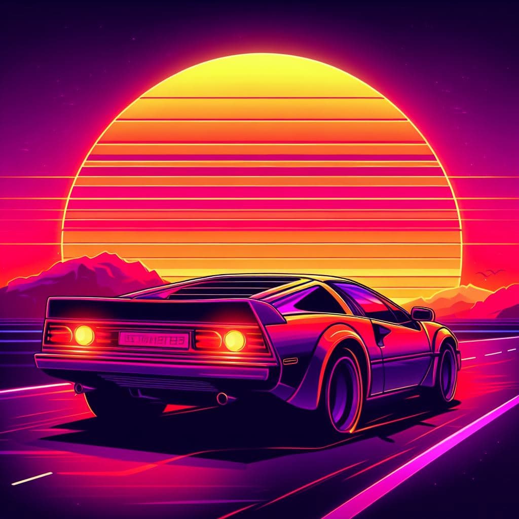AI generated: A sports car driving towards the sunset,inspired by 80s tv series,80s neon style,very detailed,beaut...