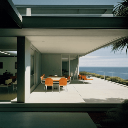 AI generated: Hyper realistic eye level exterior photo of a mid century modern style house overlooking the ocean, ...