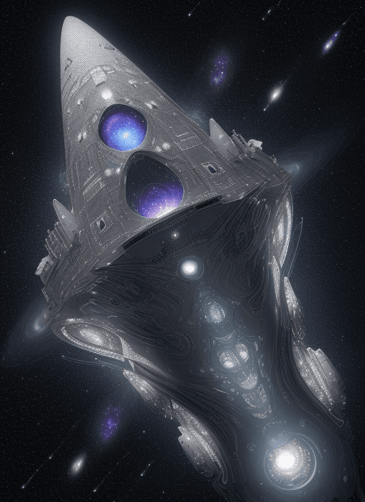 AI generated: A Pointillism art style, silver spacecraft slices through the cosmos, its engines leaving behind a l...