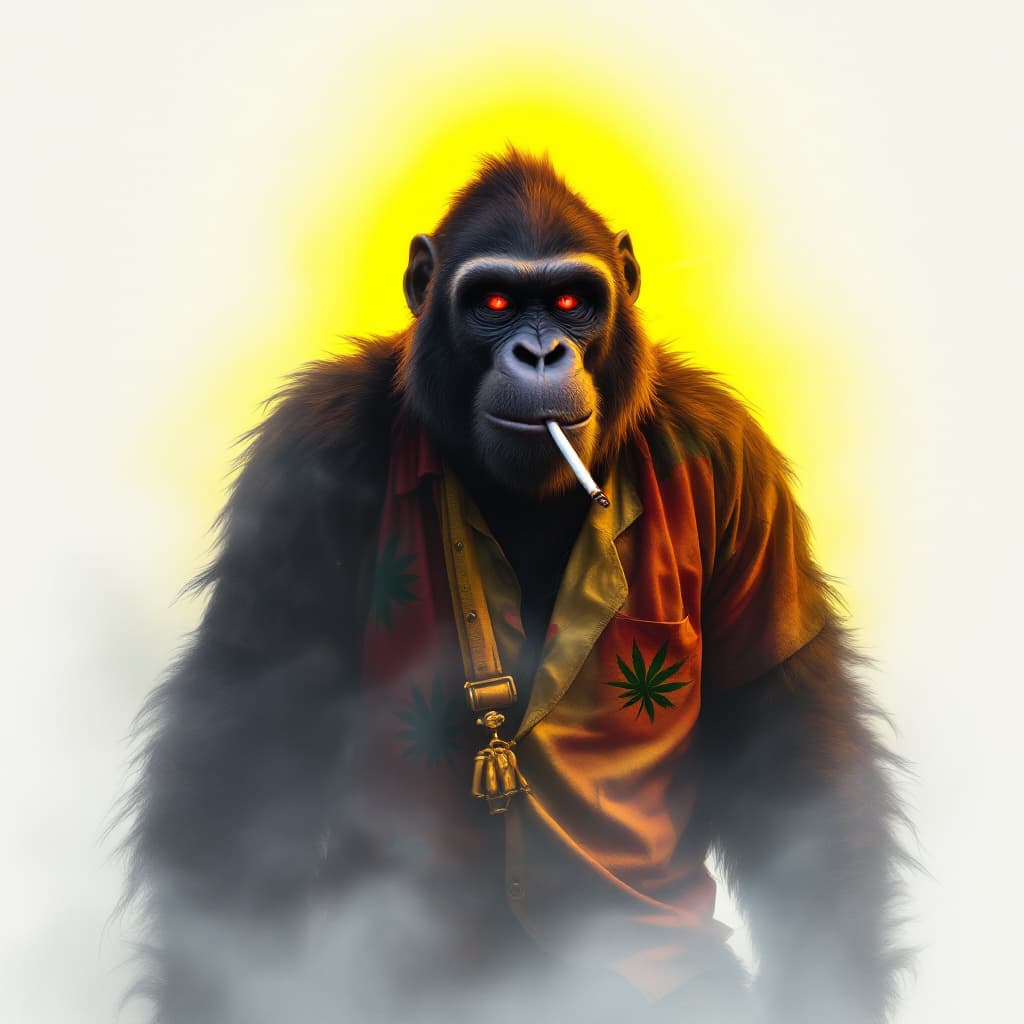 AI generated: Hyperrealistic animated image of a standing black gorila, wearing a shirt with reggae colors, the en...