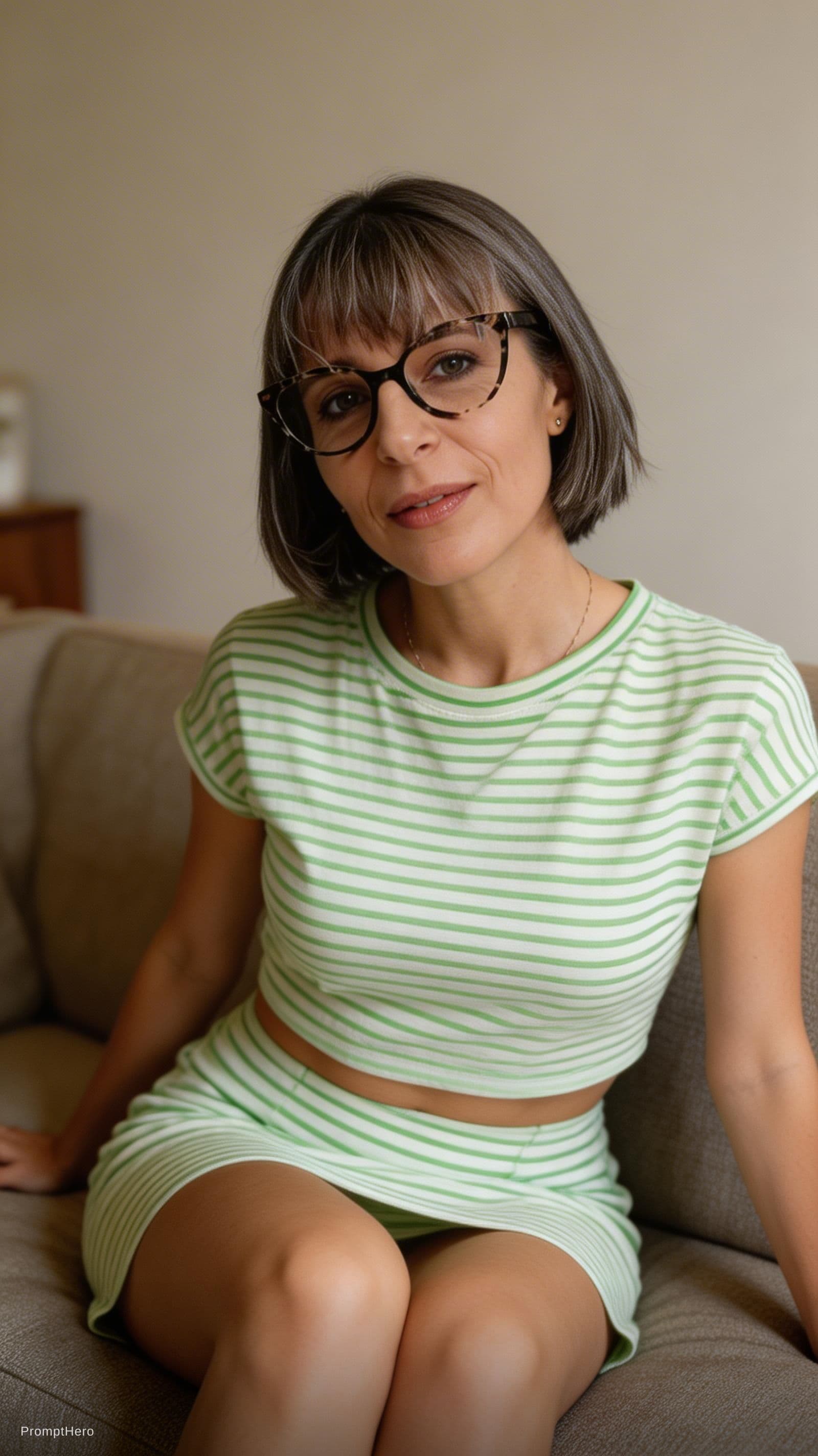 AI generated: Wearing cropped dress, sitting on a couch, close view, looking young, with same hairstyle and makeup...