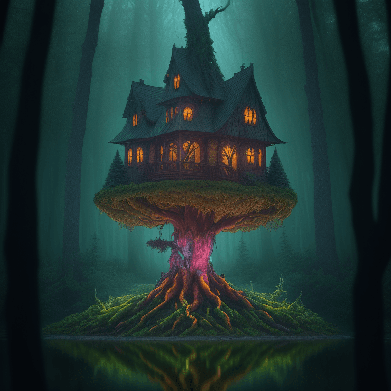 AI generated: 200 mm lens, centered, cinematic shot, award winning CGI,

a witch house made of mythical (tree Yggd...