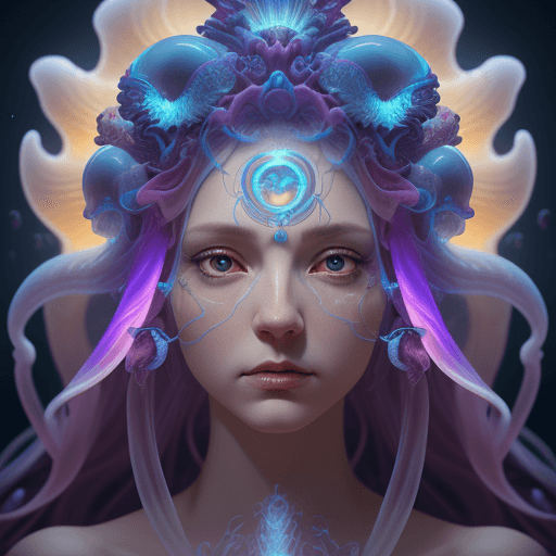 AI generated: Goddess close-up portrait ribcagel. jellyfish phoenix head, nautilus, orchid, skull, betta fish, bio...
