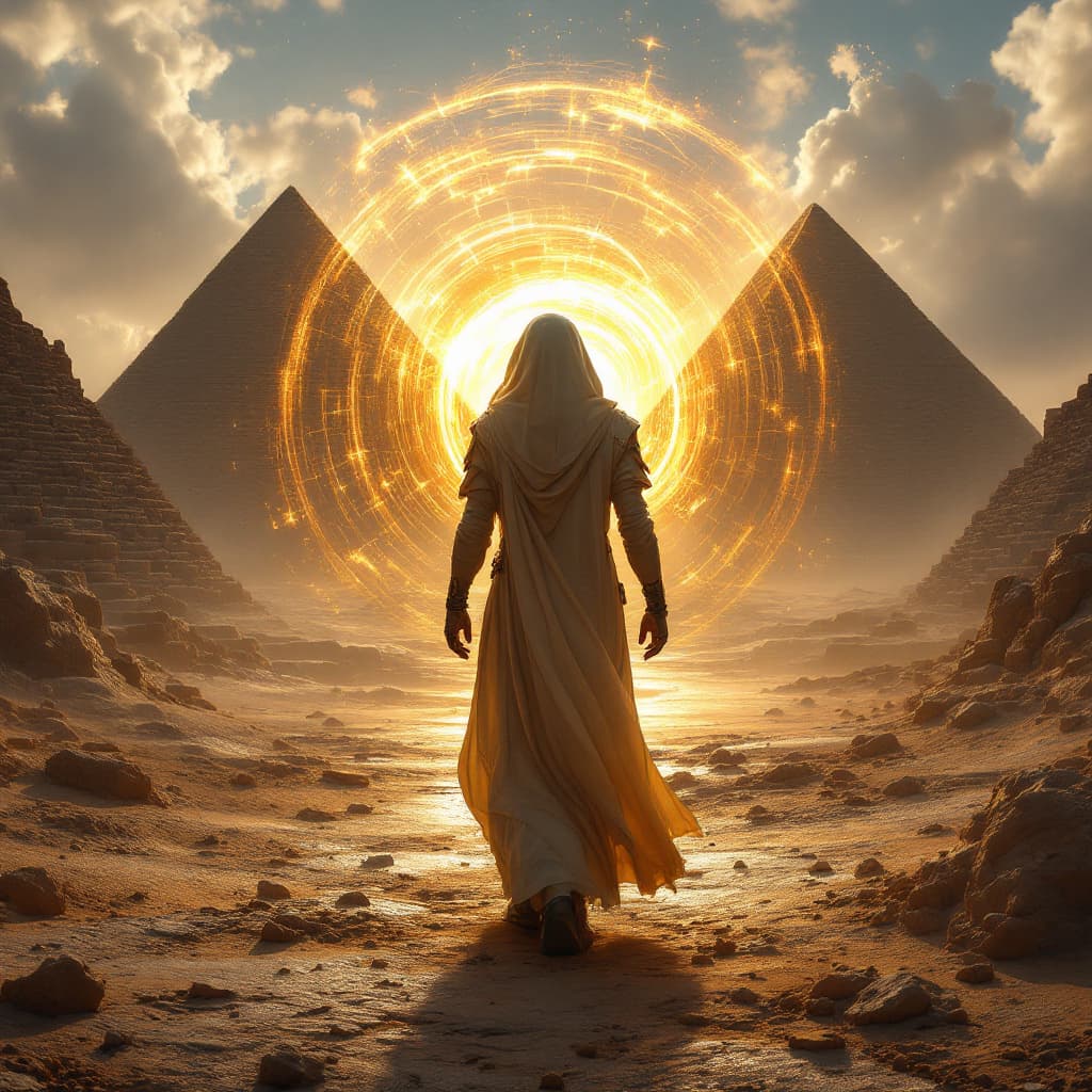 AI generated: 3.	a futuristic time traveler standing in ancient Egypt, pyramids behind, energy portal swirling --v...