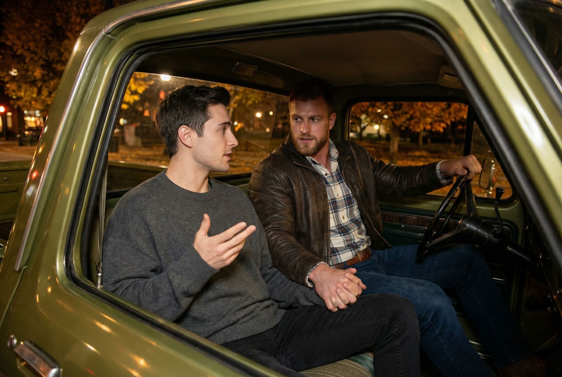 AI generated: In an Autumn night, the model is driving a Ford olive green pick up truck. 

He is driving the pick ...