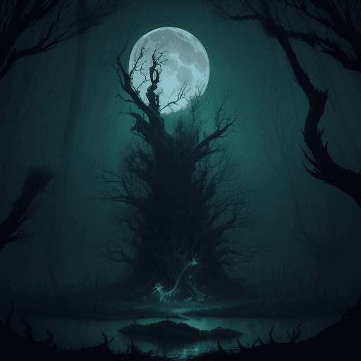 AI generated: Looking through a dark forest of dead trees protruding from a bubbling swamp, a large bird nest, wit...