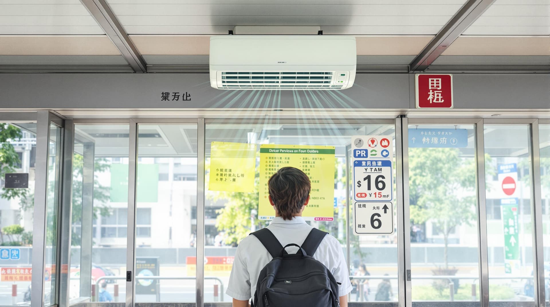 AI generated: A passenger waits for the bus at the room-type bus stop. an air-conditioner is working on the top. a...