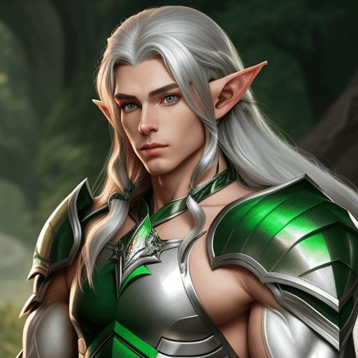 AI generated: Silver long haired Elf, Male, ,muscular, Green eyes, Lance, Dragoon,  artstation trending, highly de...