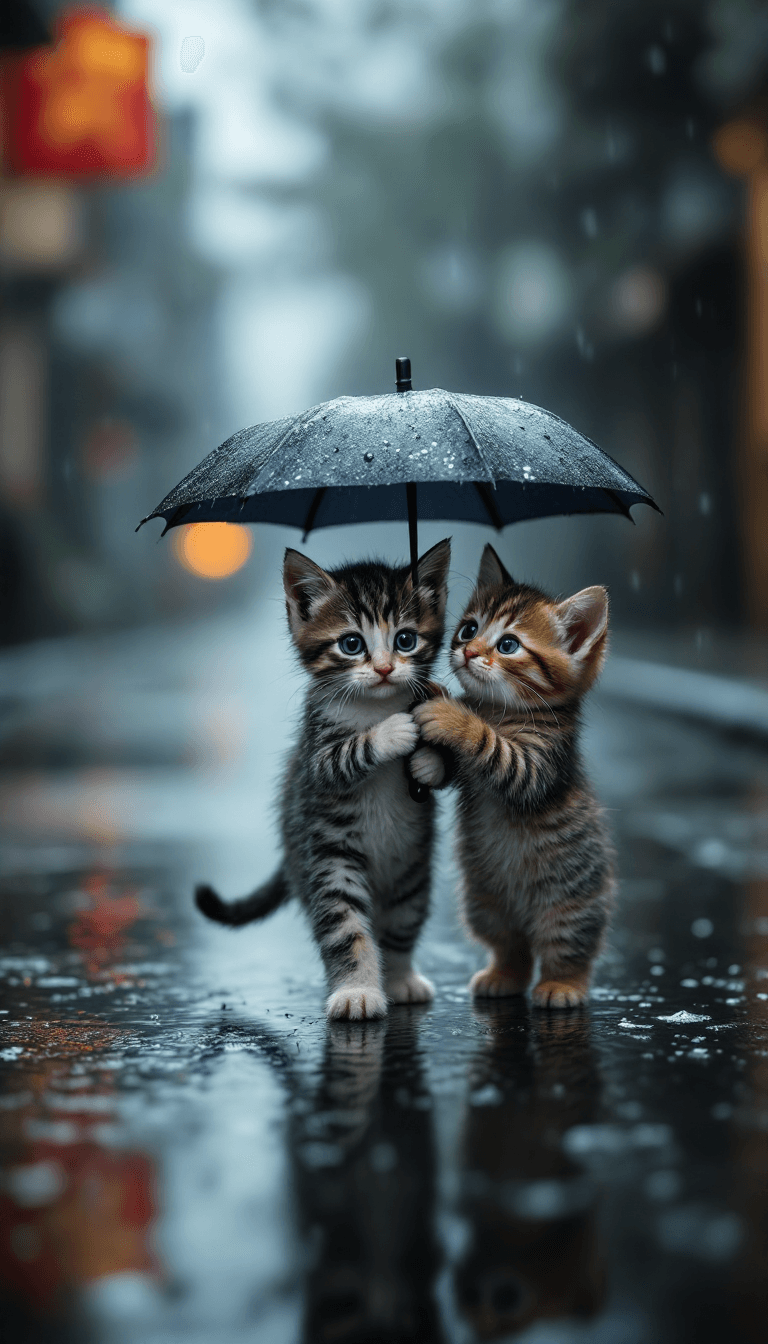 AI generated: A small, black-and-white spotted kitten walks alone in the rain, its fragile body drenched as water ...