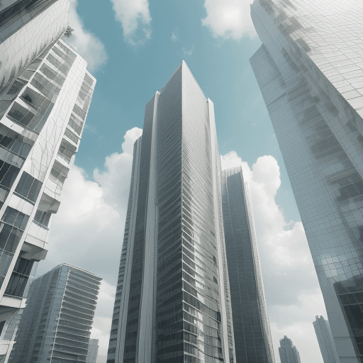 AI generated: high rise towers with white exterior, towers connected with each others with irregular bridges, faca...