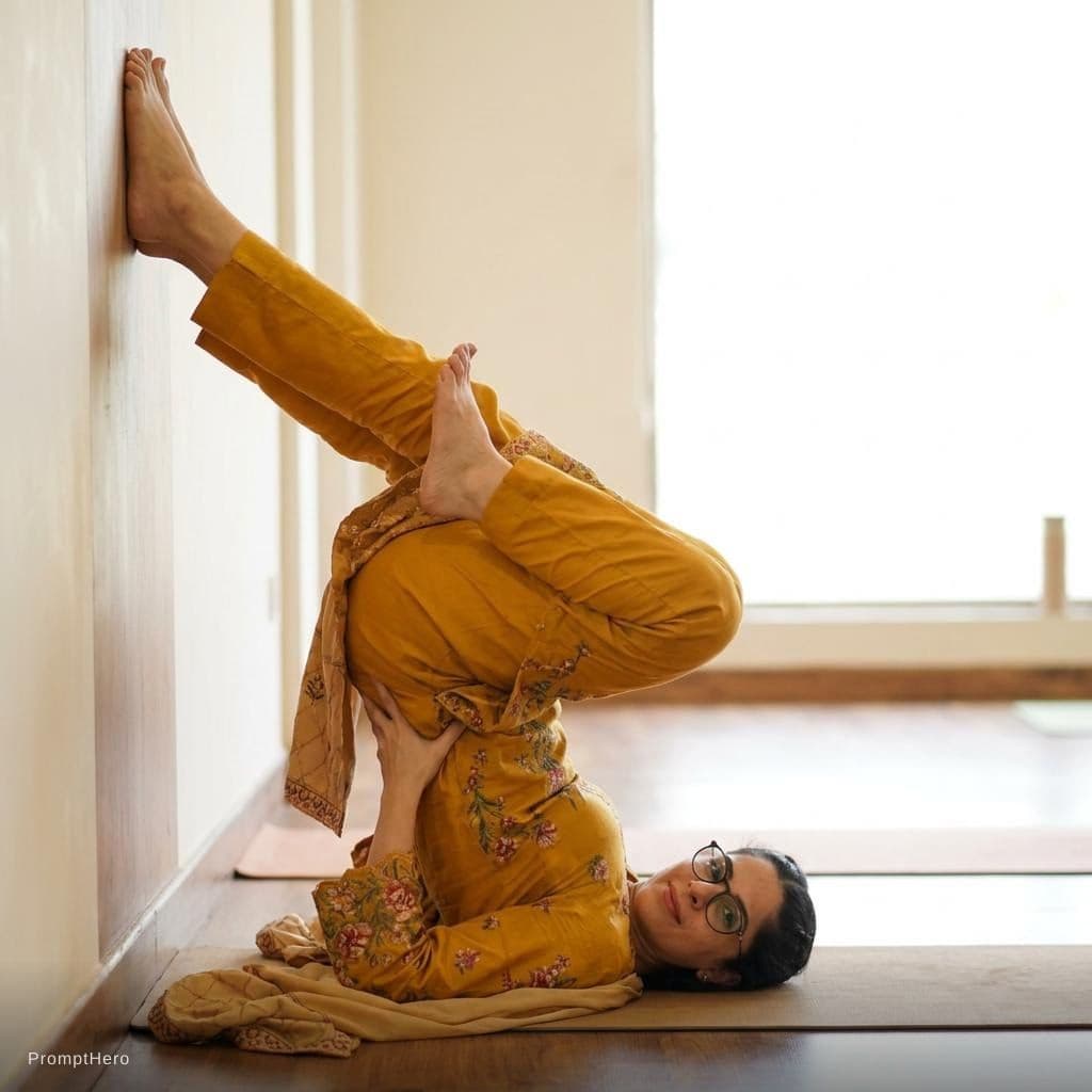 AI generated:     She’s lying with her legs on the wall, her body bent and her hips lifted up