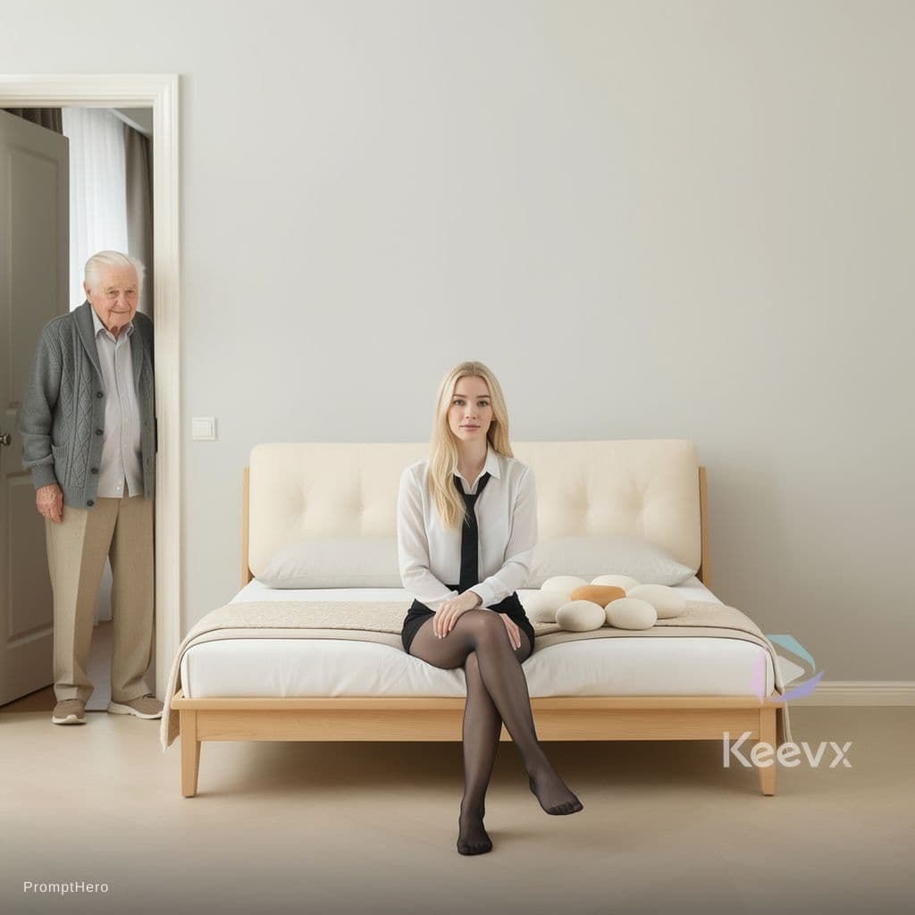 AI generated: Waiting on Granddad for some fun, lays down on bed touching her legs