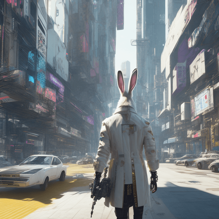 AI generated: Only one cyberpunk male rabbit from behind| hyperrealism| intricate details| unreal engine | white t...