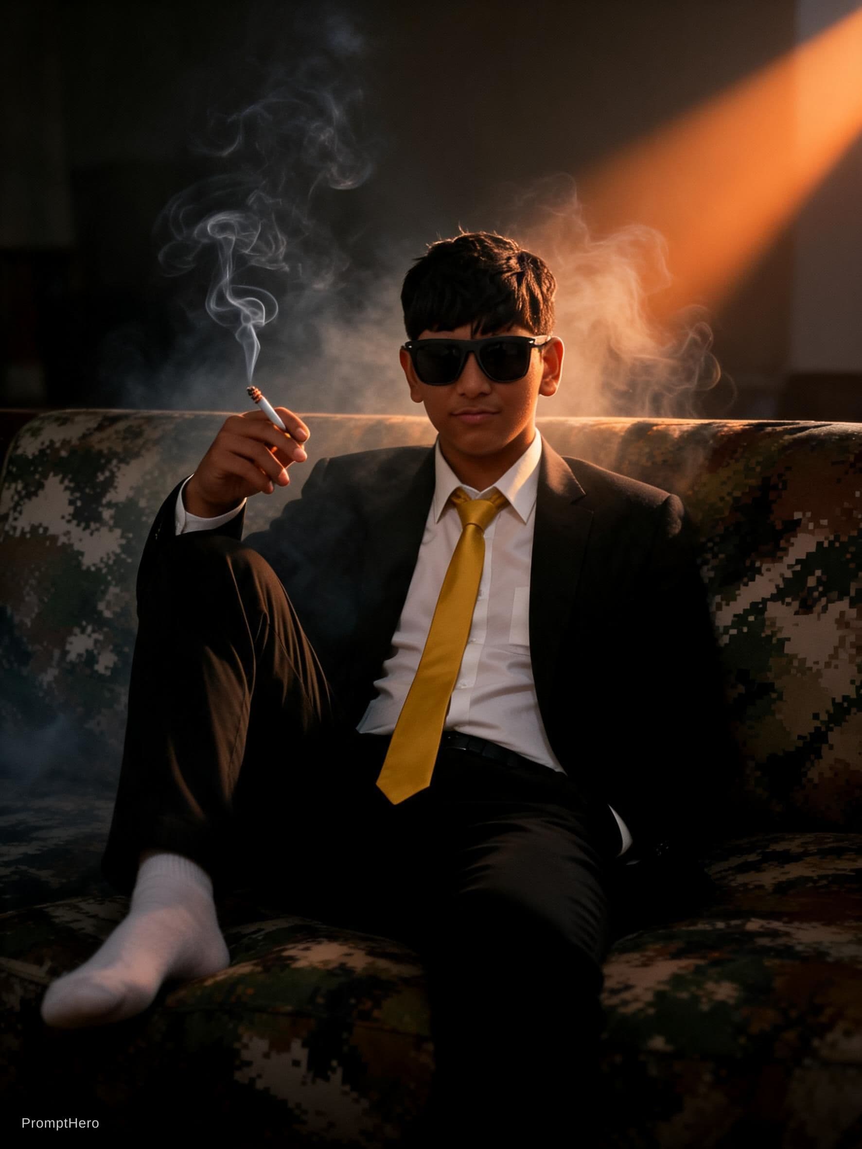 AI generated: photography, cover shoot, dimly lit room with a hazy atmosphere, capturing a professional male model...