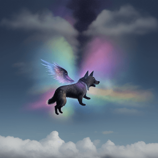 AI generated: dog
sky
rainbox
aurore boreal
ailes

