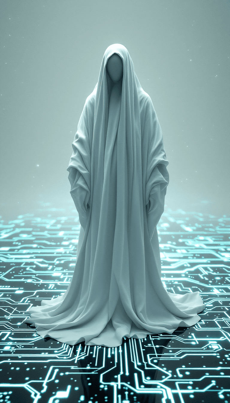 AI generated: This is a hyper-realistic, unsettling photograph of a spectral, all-knowing figure standing on a vas...