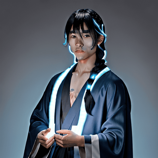 AI generated: young male asian disciple with vitiligo in a braid with bangs, in black and light blue robes
