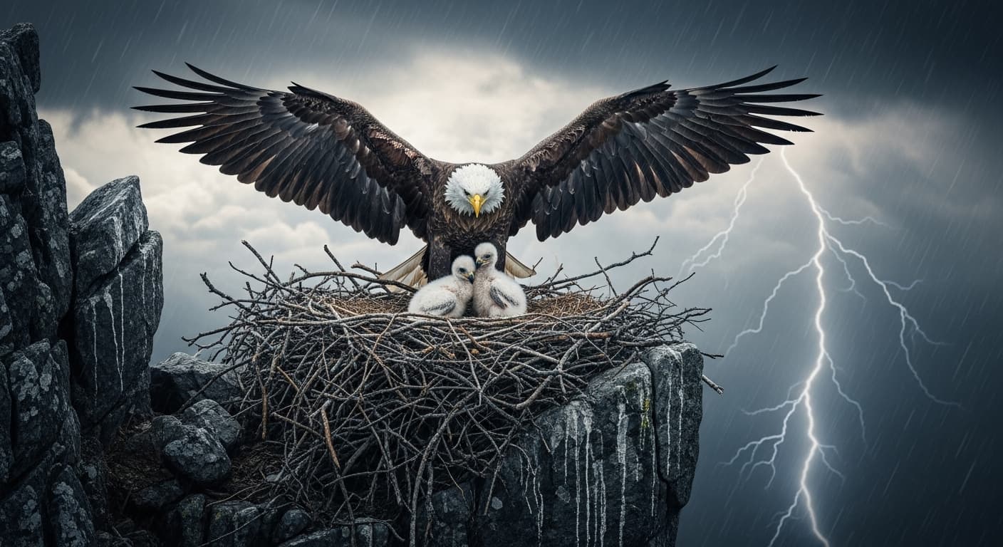 AI generated: Mother Eagle sheltering chick's in raging storm amid strong winds 