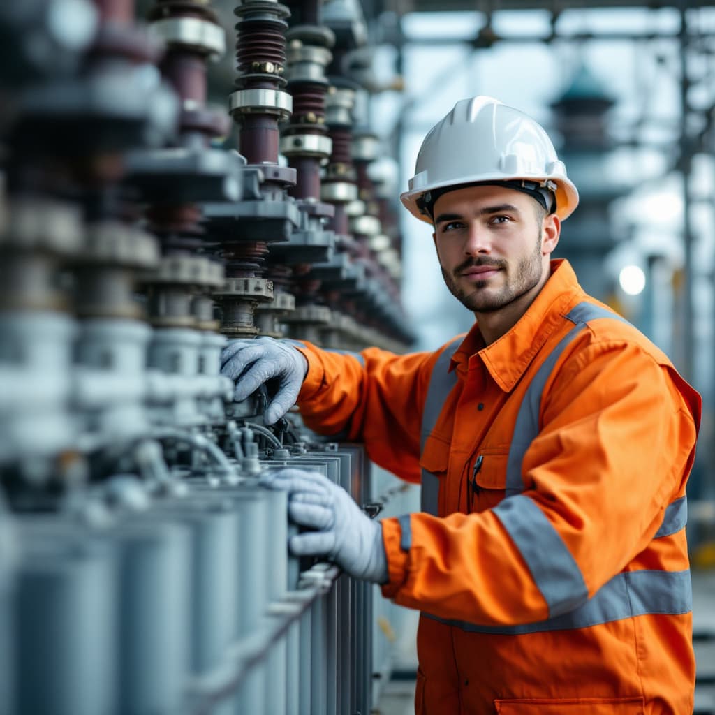 AI generated: A portrait of a young electrical engineer, dressed fully on PPE, working on a transformer in a power...