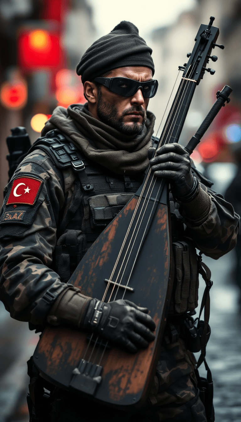 AI generated: /imagine prompt: A fierce, modern Turkish soldier dressed in advanced military tactical gear, with c...