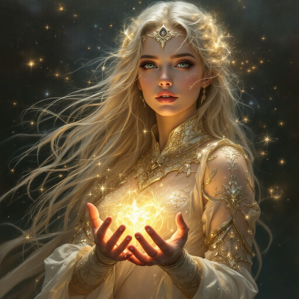 AI generated: Create a mesmerising oil painting of a fantasy female character embodying grace and formidable power...