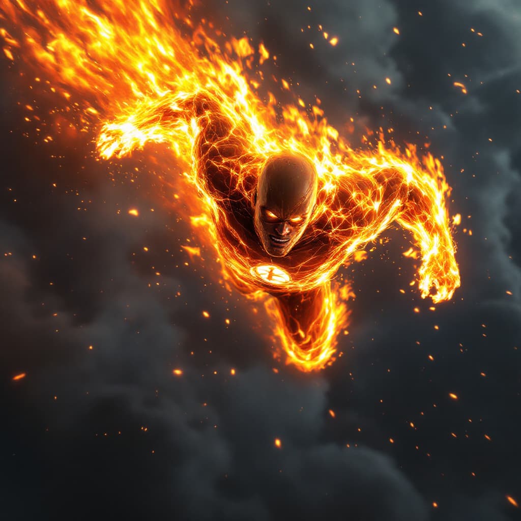 AI generated: "A hyper-realistic depiction of the Human Torch from the Fantastic Four speeding through the sky, en...