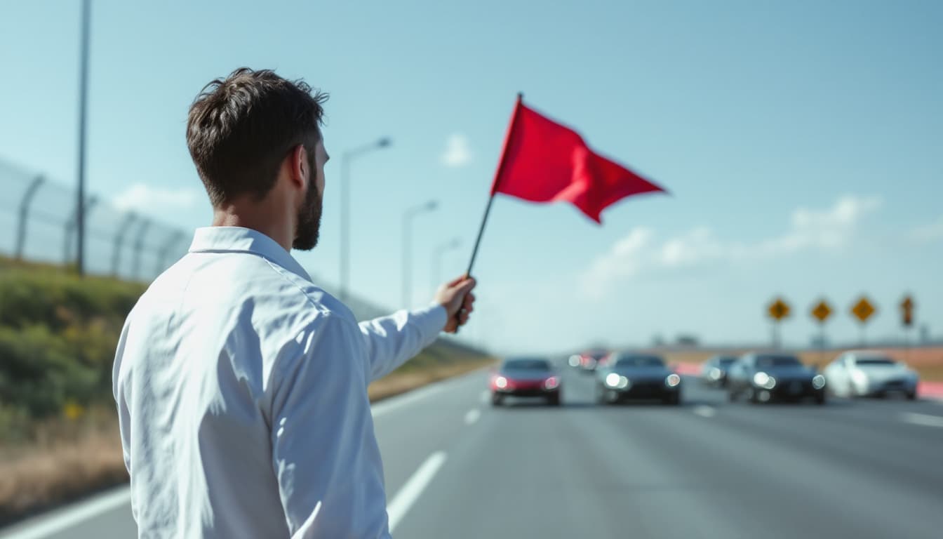 AI generated: On the side of the highway there is a man in a white sports shirt, without a headdress, with a whist...