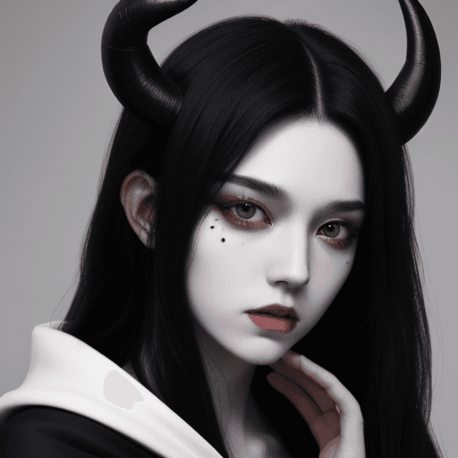 AI generated: Androgynous character, portrait, black eyes, long hair, black hair, parted hair, demon horns, white ...