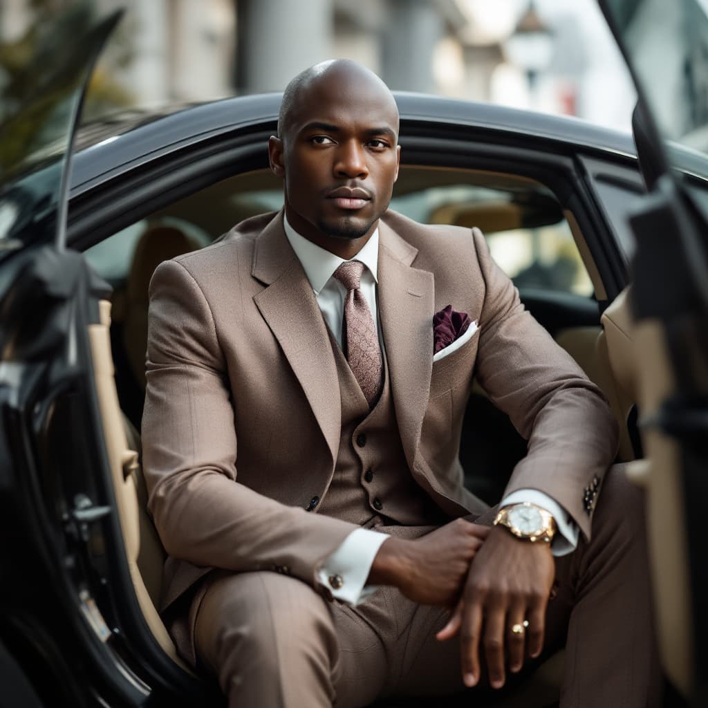 AI generated: black male  with bald head federal agent undercover dressed very well in high end Gucci designer sui...