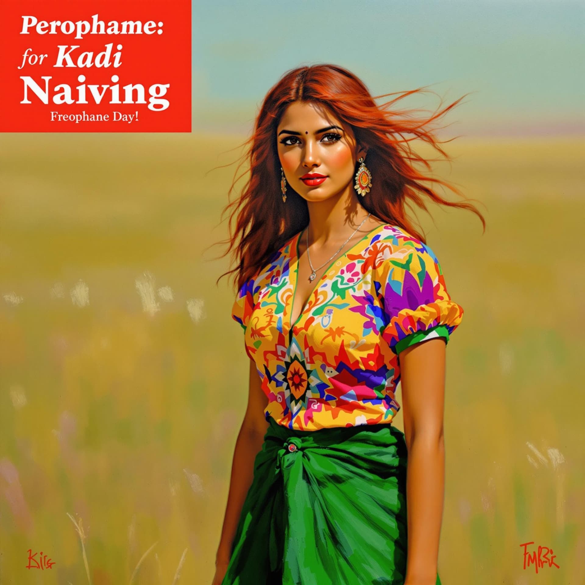AI generated: The image features a painting of an Indian woman with red hair, wearing a colorful shirt and green s...