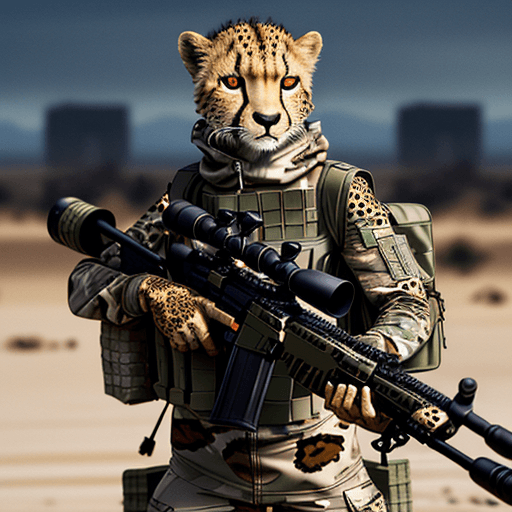 AI generated: Clever cheetah wearing camouflage and sniper gear, holding a sniper rifle, anthropomorphic, super de...