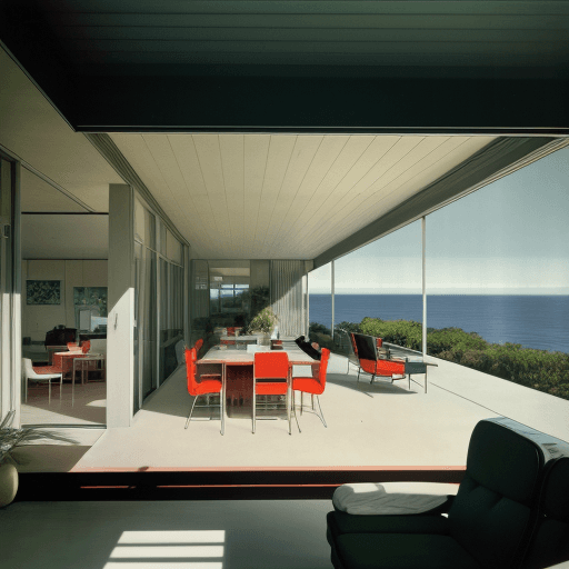 AI generated: Hyper realistic eye level exterior photo of a mid century modern style house overlooking the ocean, ...
