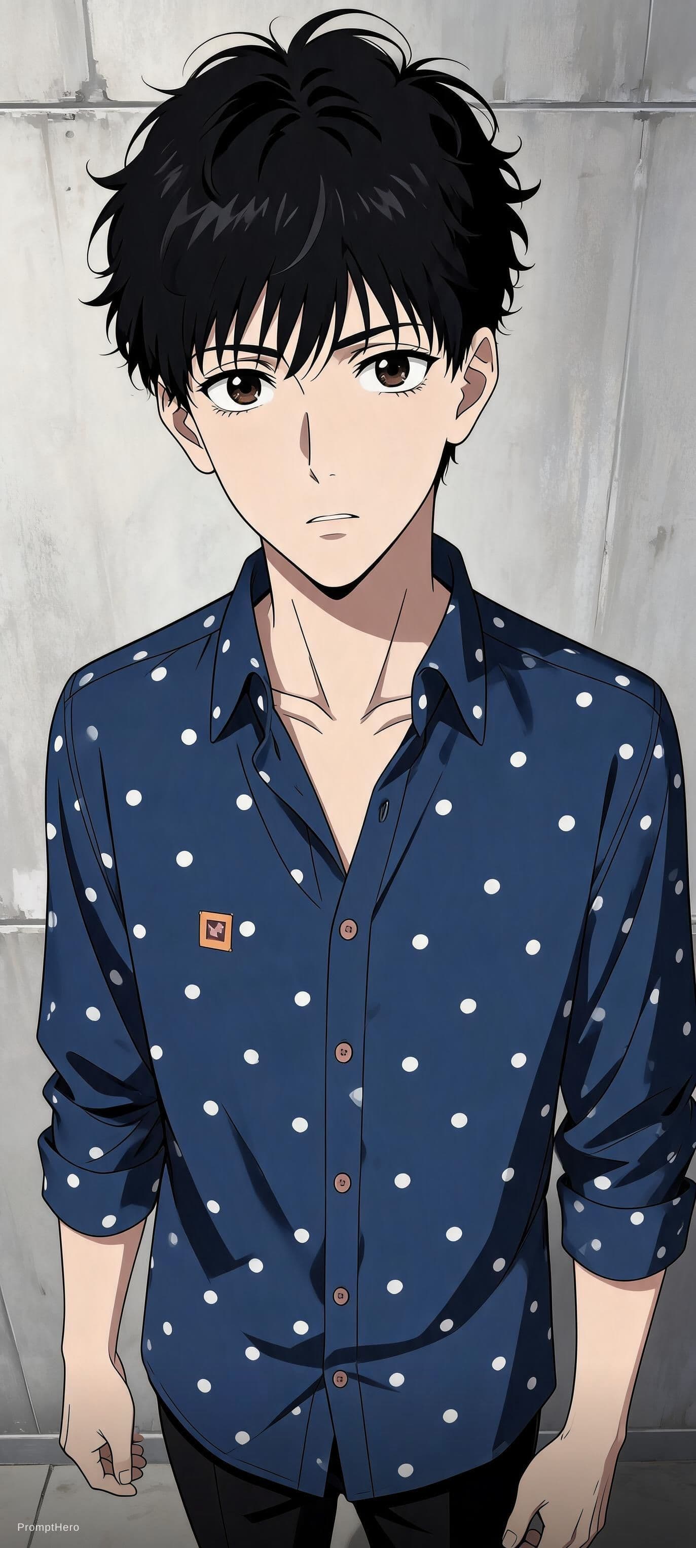AI generated: Anime guy, young man, black hair, dark brown eyes, fair complexion, hot, cute, wearing street modern...