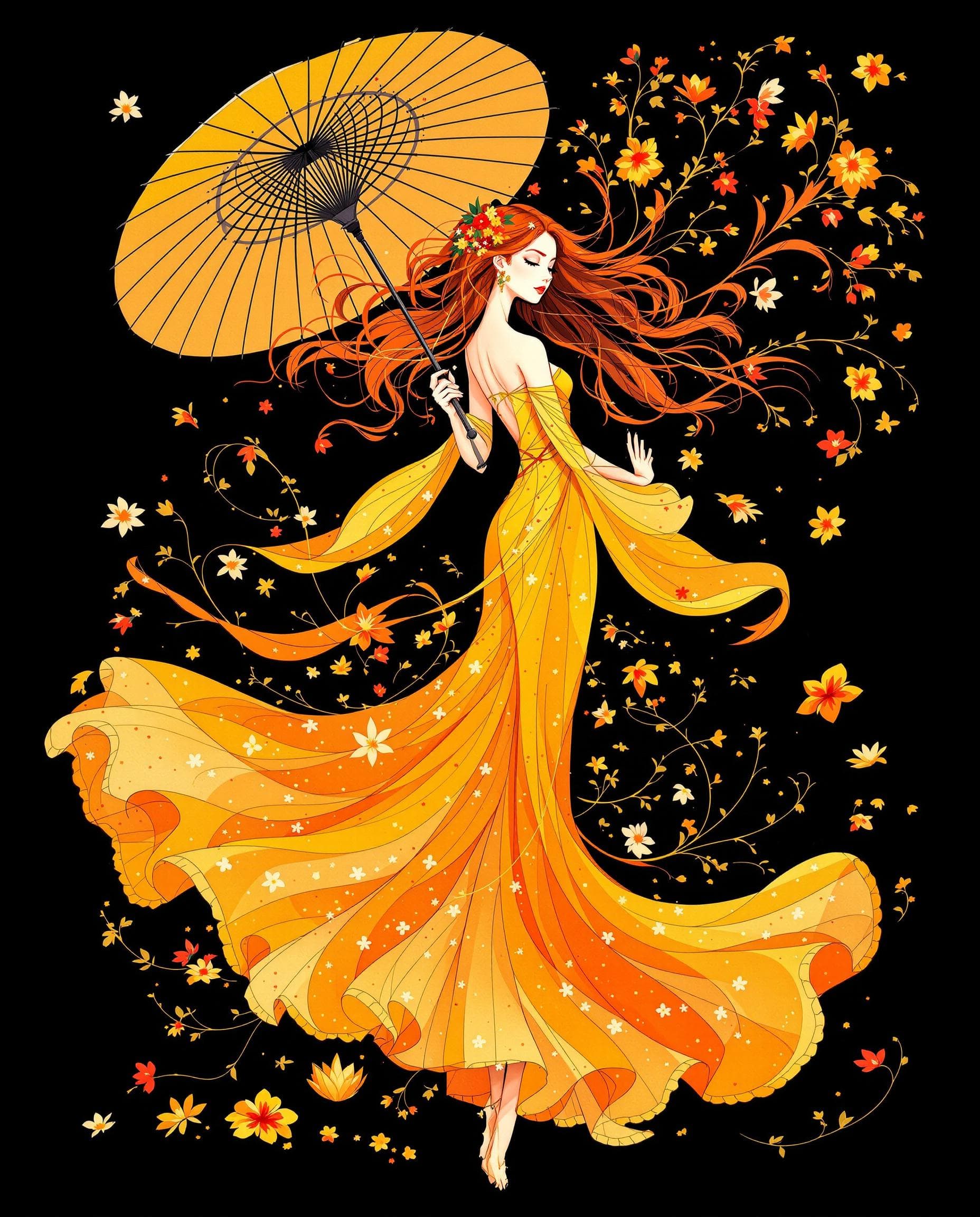 AI generated: Flowing dress in vibrant orange and yellow, elegant pose, decorative umbrella, yellow and red accent...