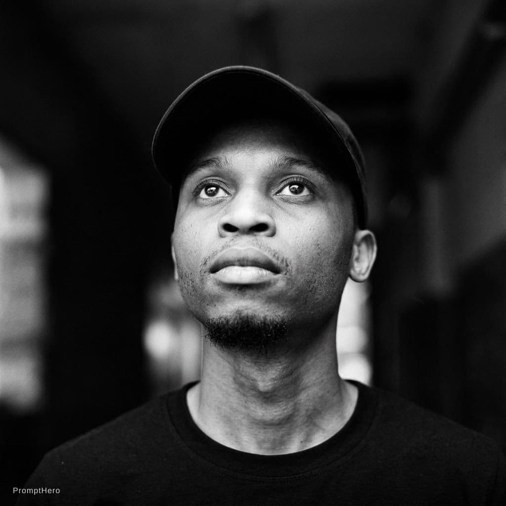 AI generated: Portrait of a man, looking up and to the side. Black and white with strong chiaroscuro accentuating ...