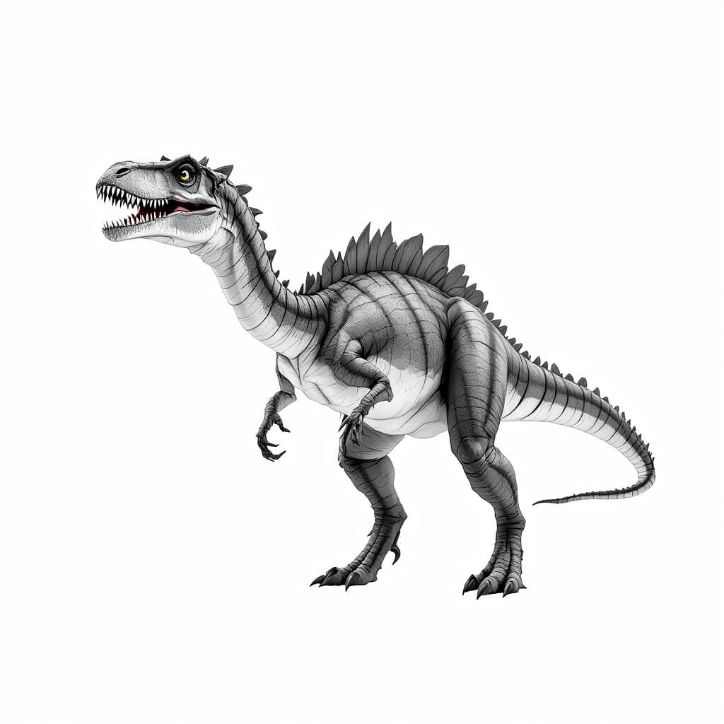AI generated: A spinosaurus dinosaur based on the spinosaurus shown in the UK show Planet Dinosaur on a plain whit...