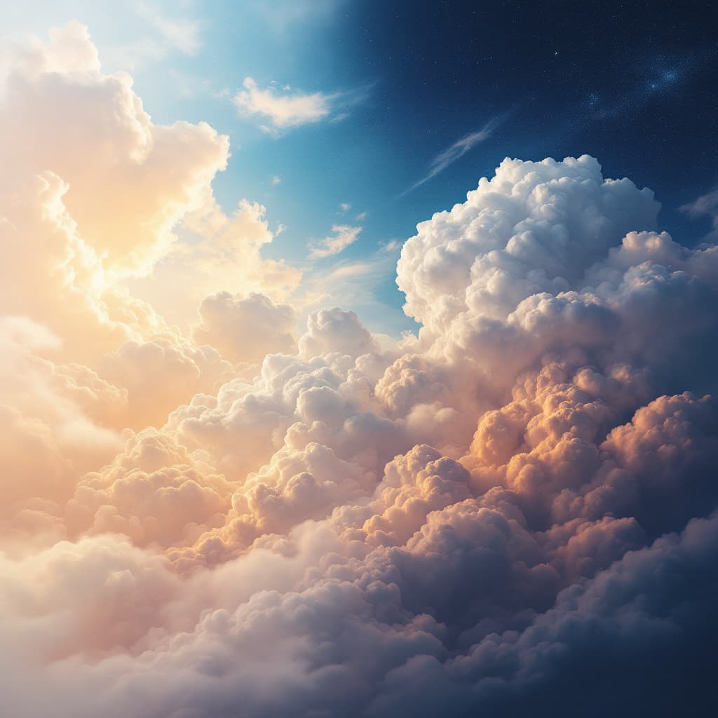 AI generated: A vast, dramatic sky that transitions through the stages of time. On the left, a peaceful dawn with ...