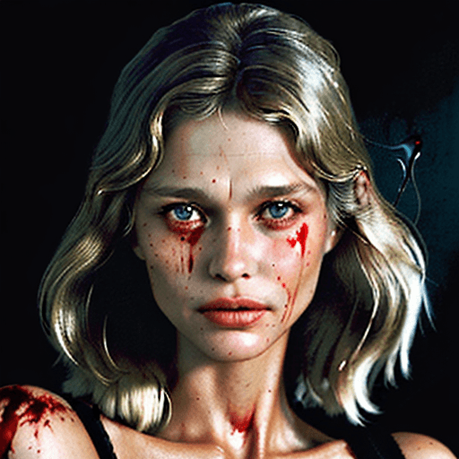 AI generated: portrait of beautiful LAUREN HUTTON in silent hill, log retro hairstyle, blood splatter, sharp focus...