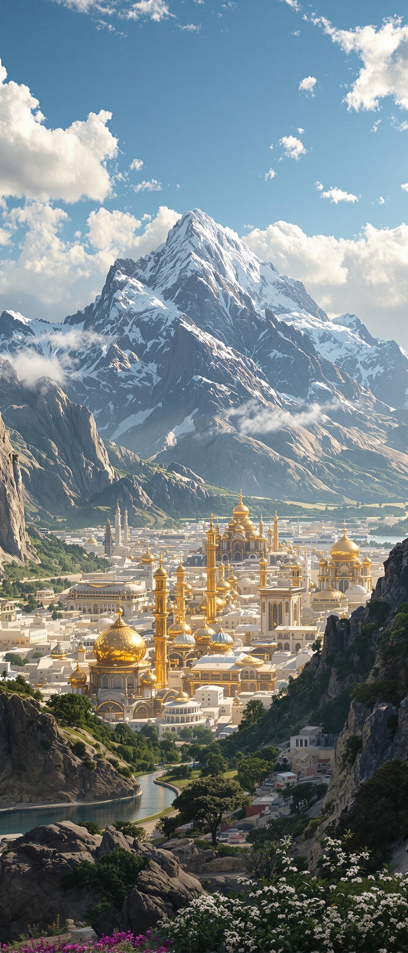 AI generated: gold city of God far in distance with a magnificent mountain range in the background
Hyperrealistic....
