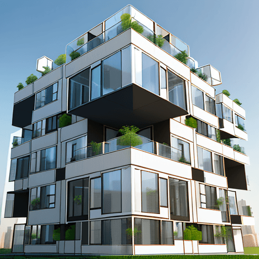 AI generated: realistic flexible 3*3 cube residential building with grids and inner open main court and green roof...