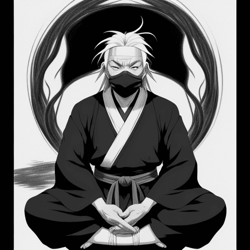 AI generated: no color, perfect anime illustration, portrait of a old ninja master , sitting, {{{{{{black and whit...