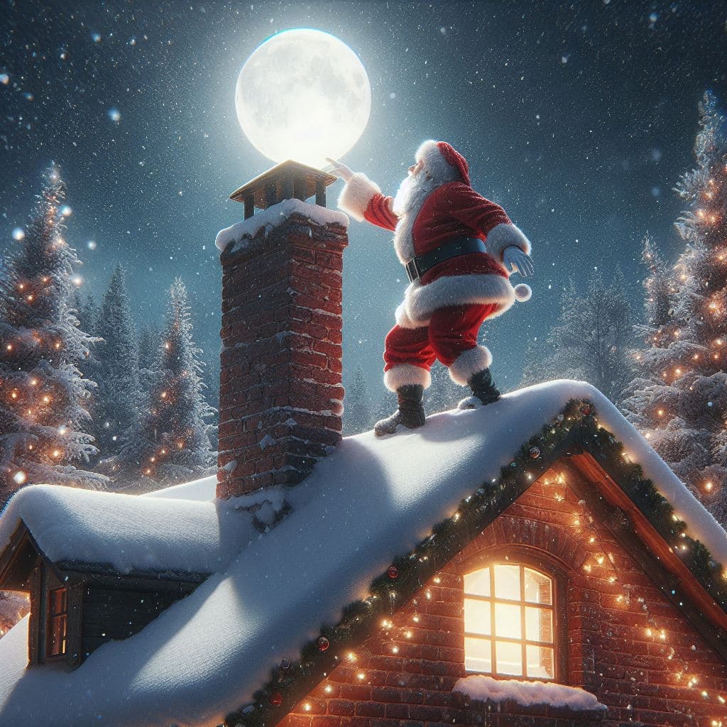 AI generated: A beautiful picture of Santa Claus standing on the roof of a house and wanting to climb into the chi...