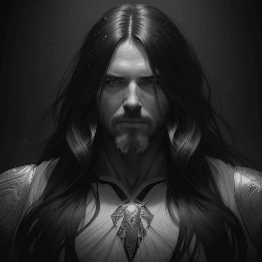AI generated: A black and white portrait of a man, long hair, wearing clothes, upper body, head and shoulders port...